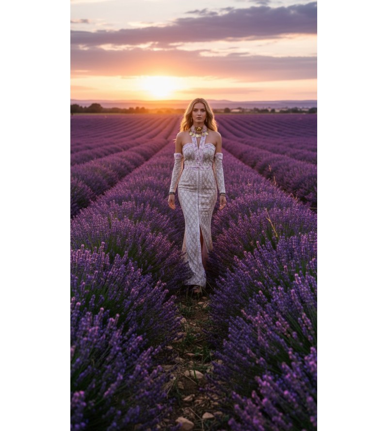 Robe longue beige brodée Tunisie – Élégance romantique