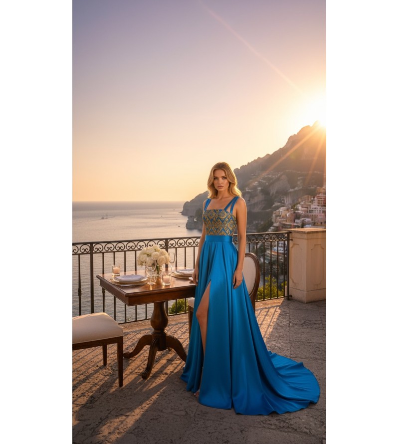 Robe longue bleue brodée Tunisie – Élégance de soirée